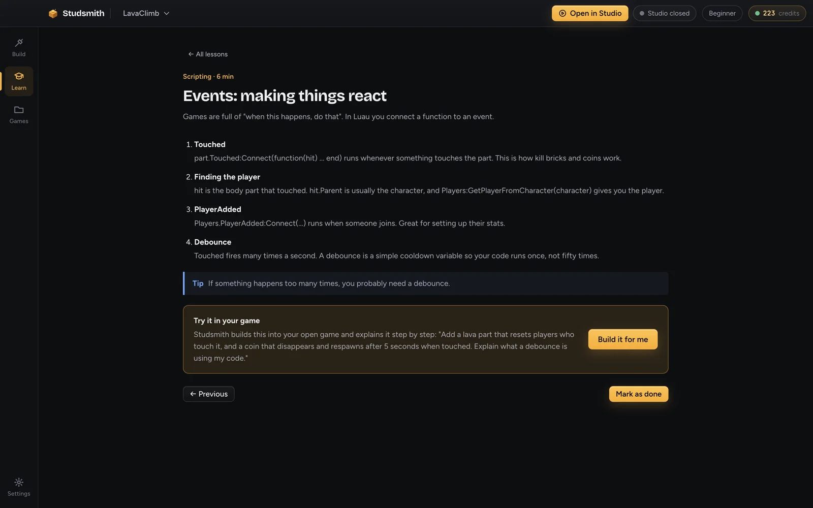 A Studsmith lesson about events