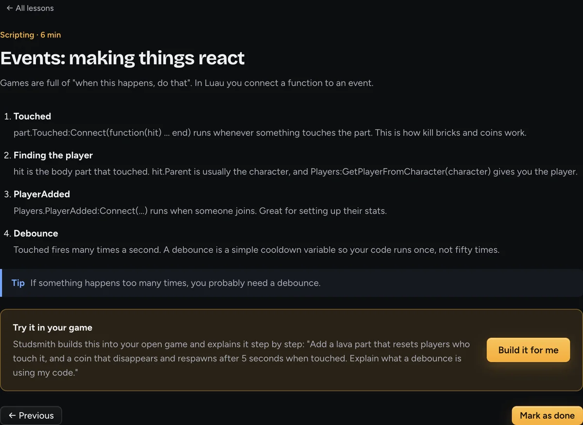 A built-in Roblox Studio lesson