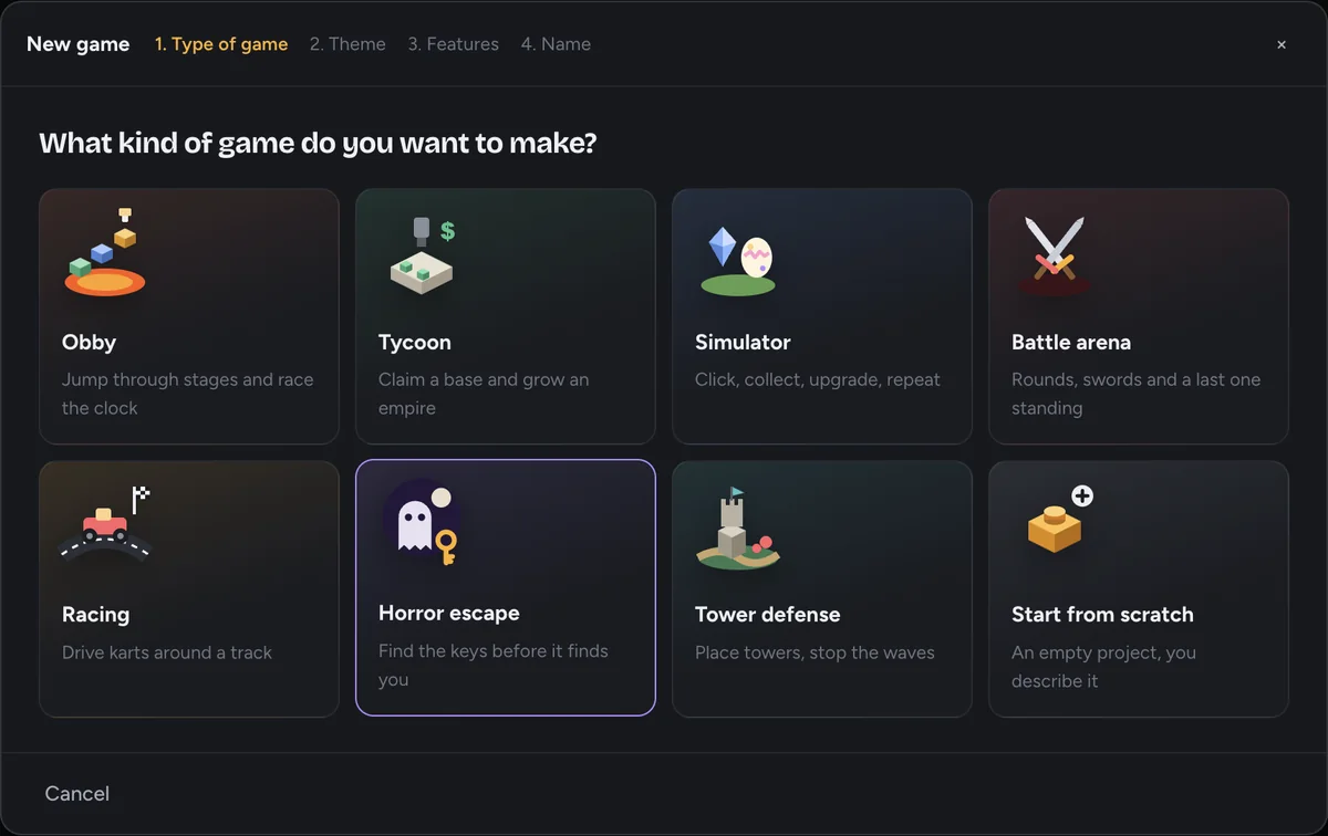 The new game wizard showing game types like Obby, Tycoon and Simulator