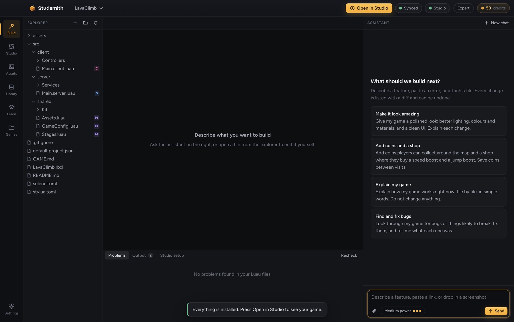 The build view with explorer, editor and assistant