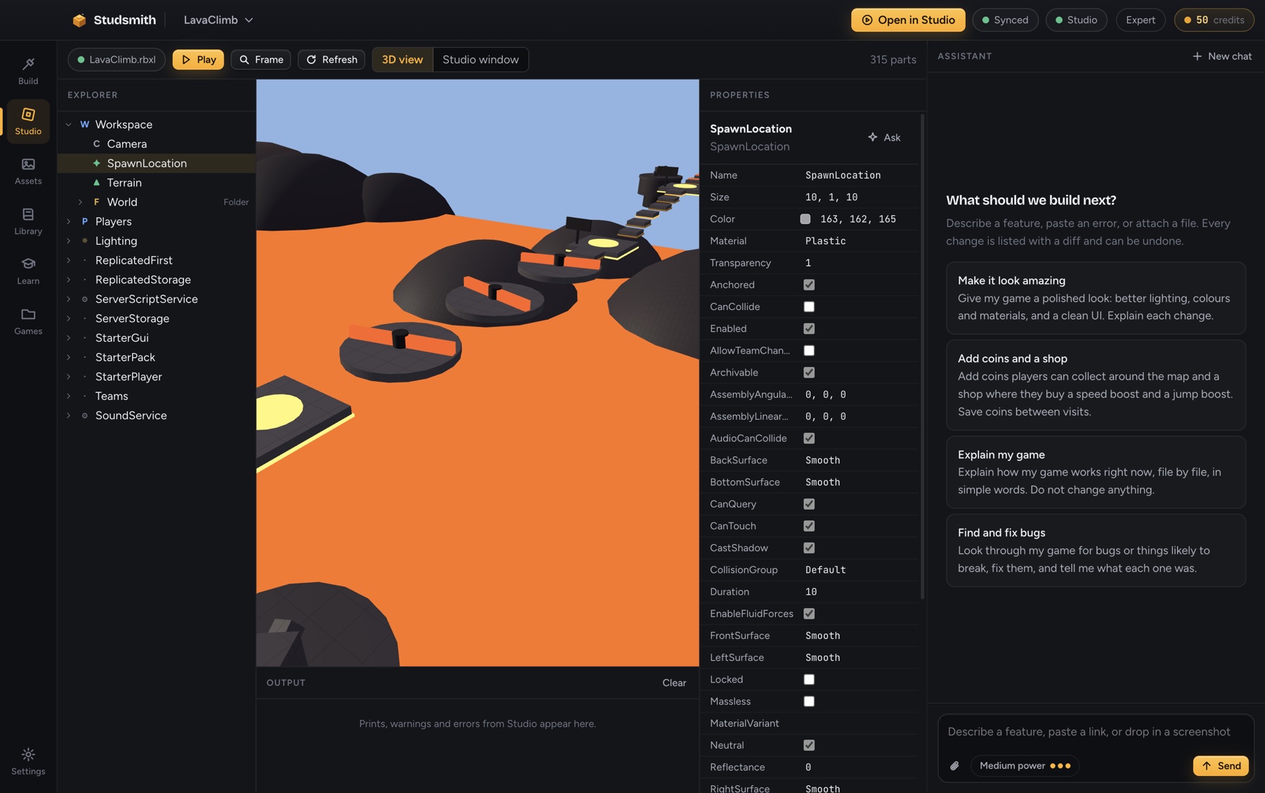 Studio view: 3D scene, explorer, properties and output inside Studsmith