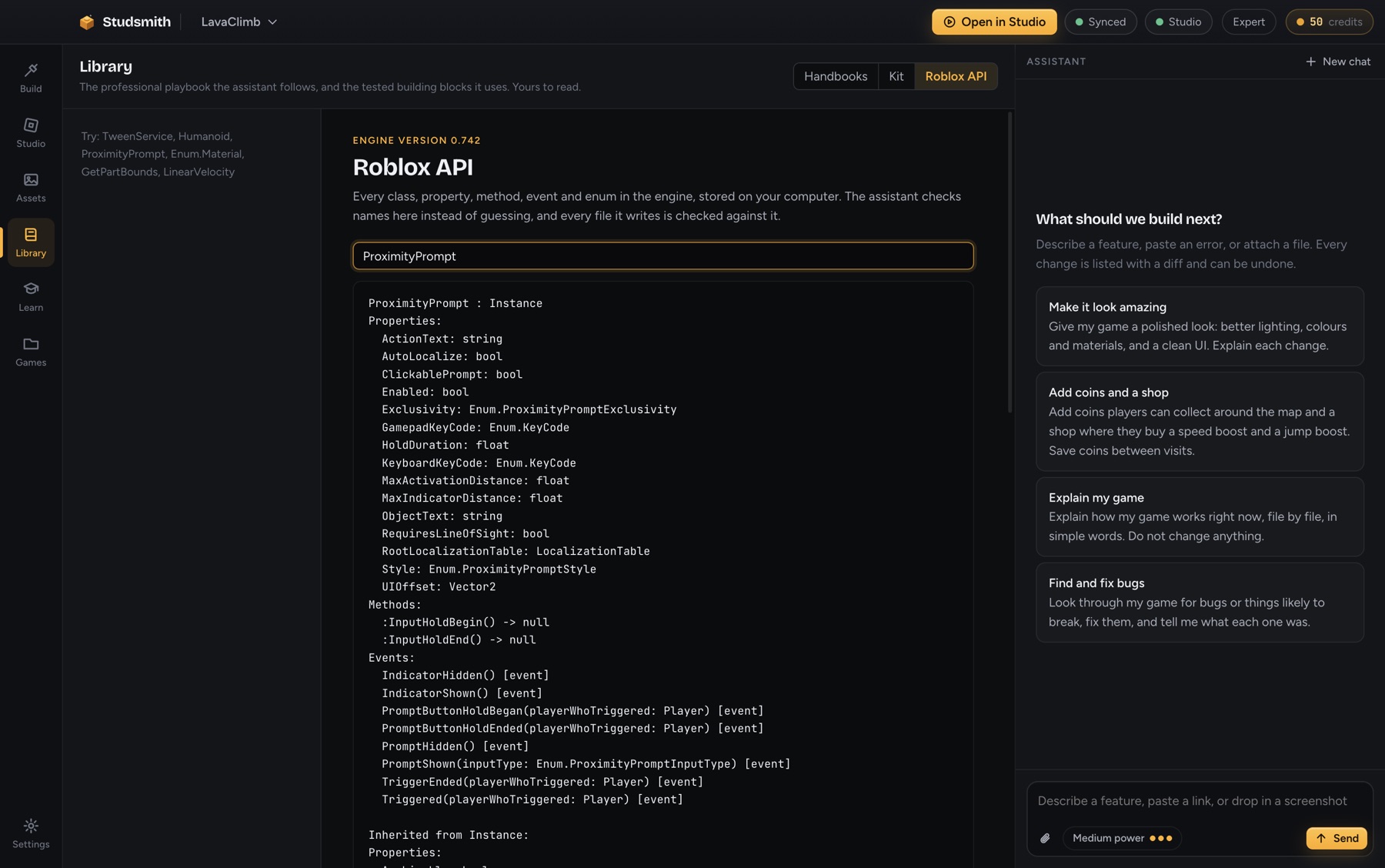The Roblox API reference inside Studsmith